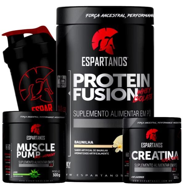Kit Whey Protein Isolado Fusion + Pré-Treino Muscle Pump + Creatina Pura + Coqueteleira de Brinde